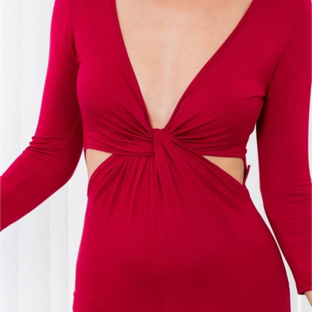 SEXY CUT OUT WAIST RED BODYCON MIDI DRESS - Picture 4 of 4